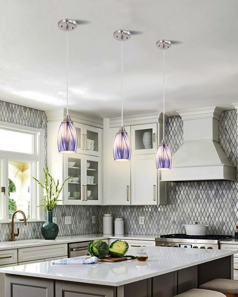 karyfine Mini Art Glass Dark Blue Pendant Lights Kitchen Island Hand Blown Mini Glass Pendant Lights with Brush Nickel Finish Adjustable Cord for Kitchen Over Sink,Hallway,Dining Room,Stairsway - Image 5